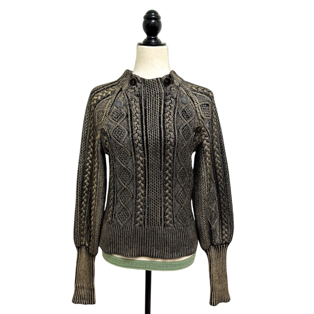 Veronica Beard Black Metallic Gold Yola Foil Cable Knit Puff Sleeve Sweater S
